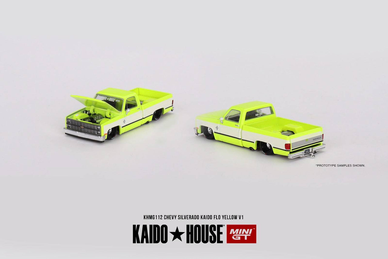 PRE-ORDER Mini GT x KaidoHouse 1:64 1983 Chevy Silverado KAIDO Flo Yellow V1 KHMG112