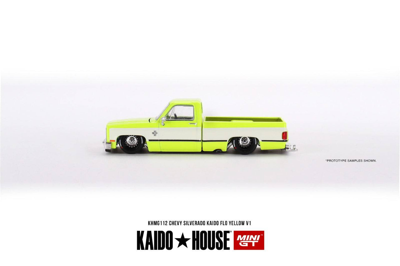 PRE-ORDER Mini GT x KaidoHouse 1:64 1983 Chevy Silverado KAIDO Flo Yellow V1 KHMG112