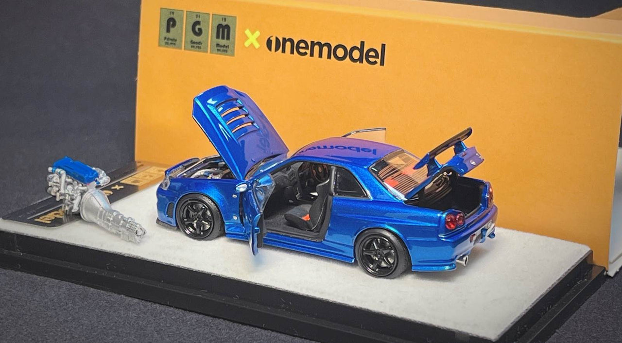 PGM 1:64 Nissan GT-R R34 Z-Tune Blue with Engine