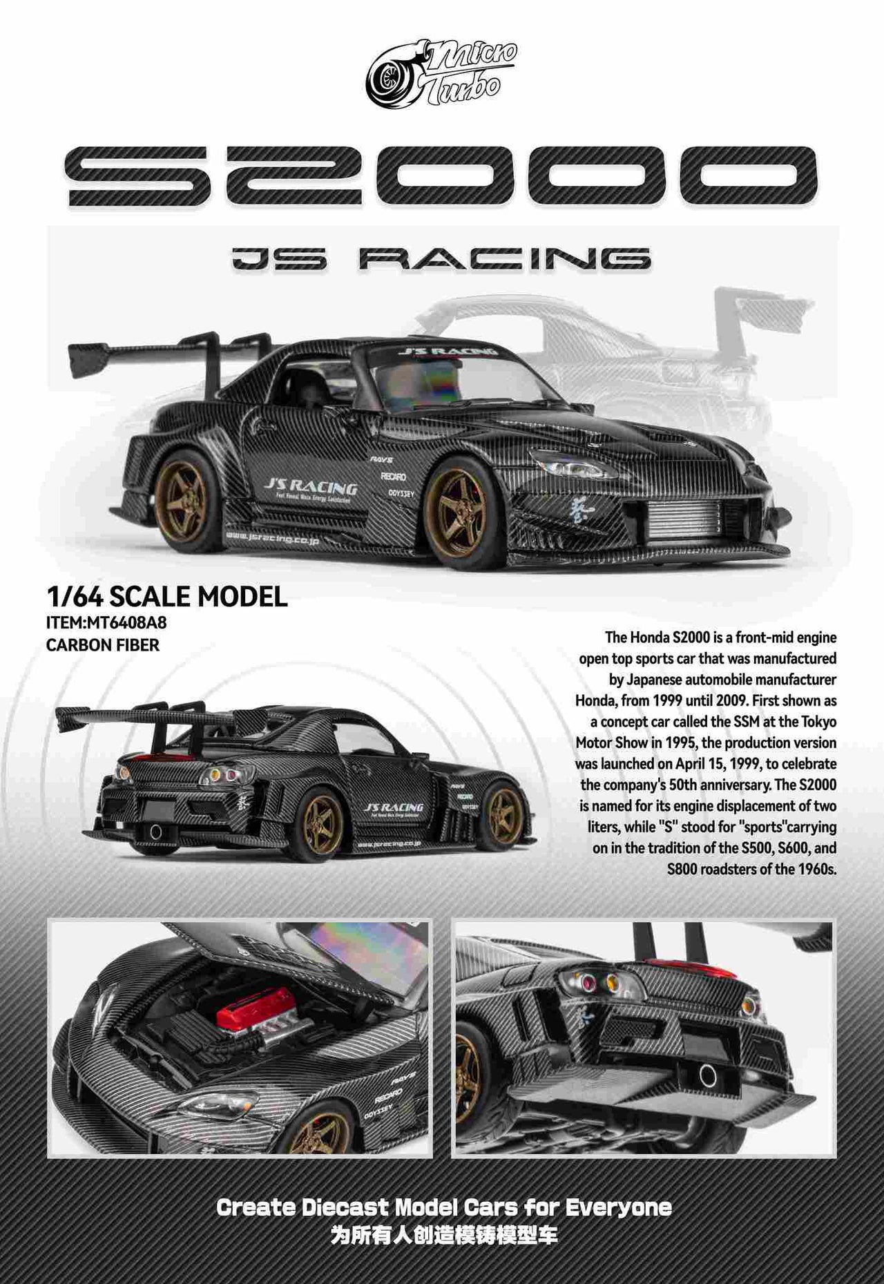 1:64 Honda S2000 Rocket Bunny Black Carbon Diecast – Magnetic Spoiler, Openable Hood PRE-ORDER