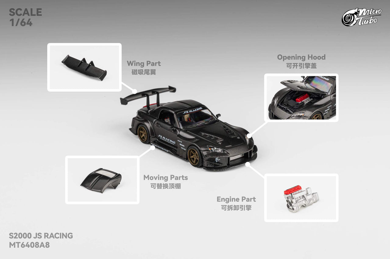 1:64 Honda S2000 Rocket Bunny Black Carbon Diecast – Magnetic Spoiler, Openable Hood PRE-ORDER