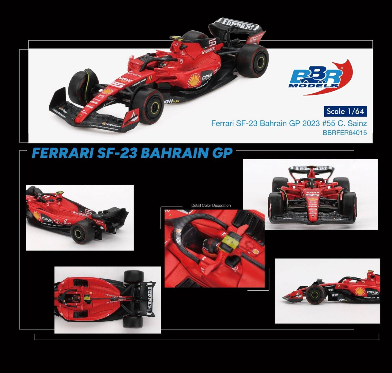 BBR Models 1:64 Ferrari SF23 #55 C. Sainz 2023 Bahrain GP