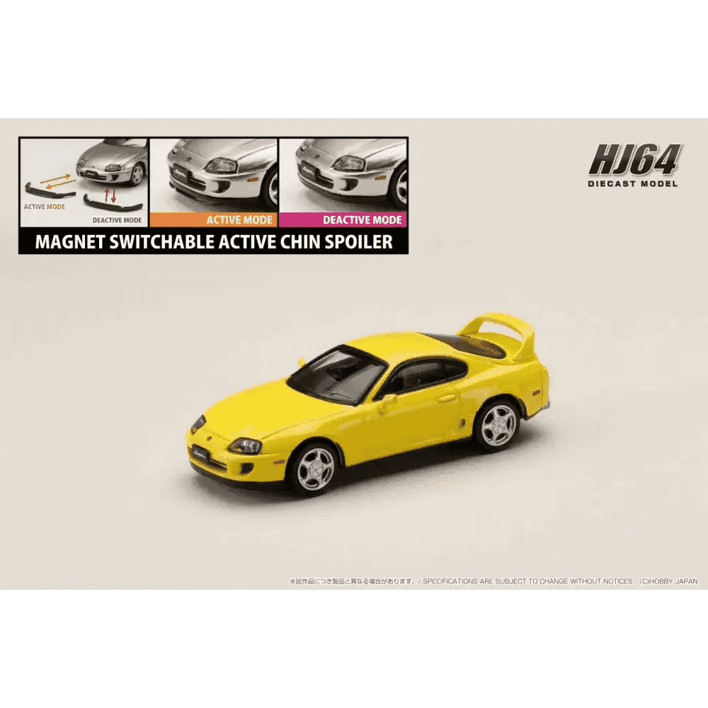 Hobby Japan 1:64 Toyota SUPRA RZ JZA80 w/ Active Spoiler Parts SUPER BRIGHT YELLOW