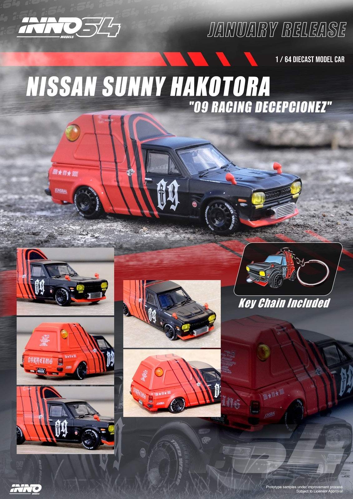 INNO64 1:64 Nissan Sunny Hakotora 09 Racing Decepcionez w/ Key Chain