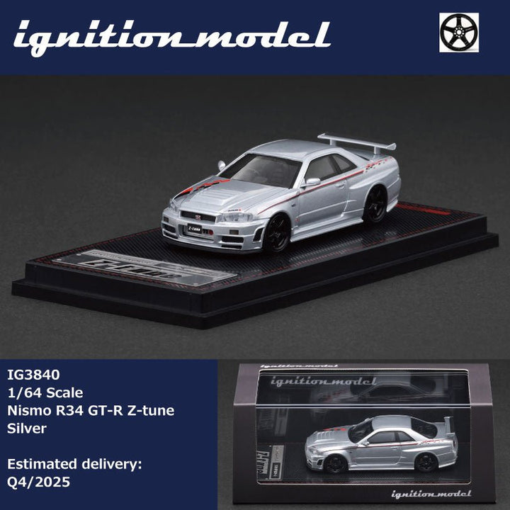 イグニッションモデル1/64　NISMO R34 GT-R R-TUNE Ignition Model 1:64 Nismo R34 GT-R Z-Tune Silver – Little Luca's Toys