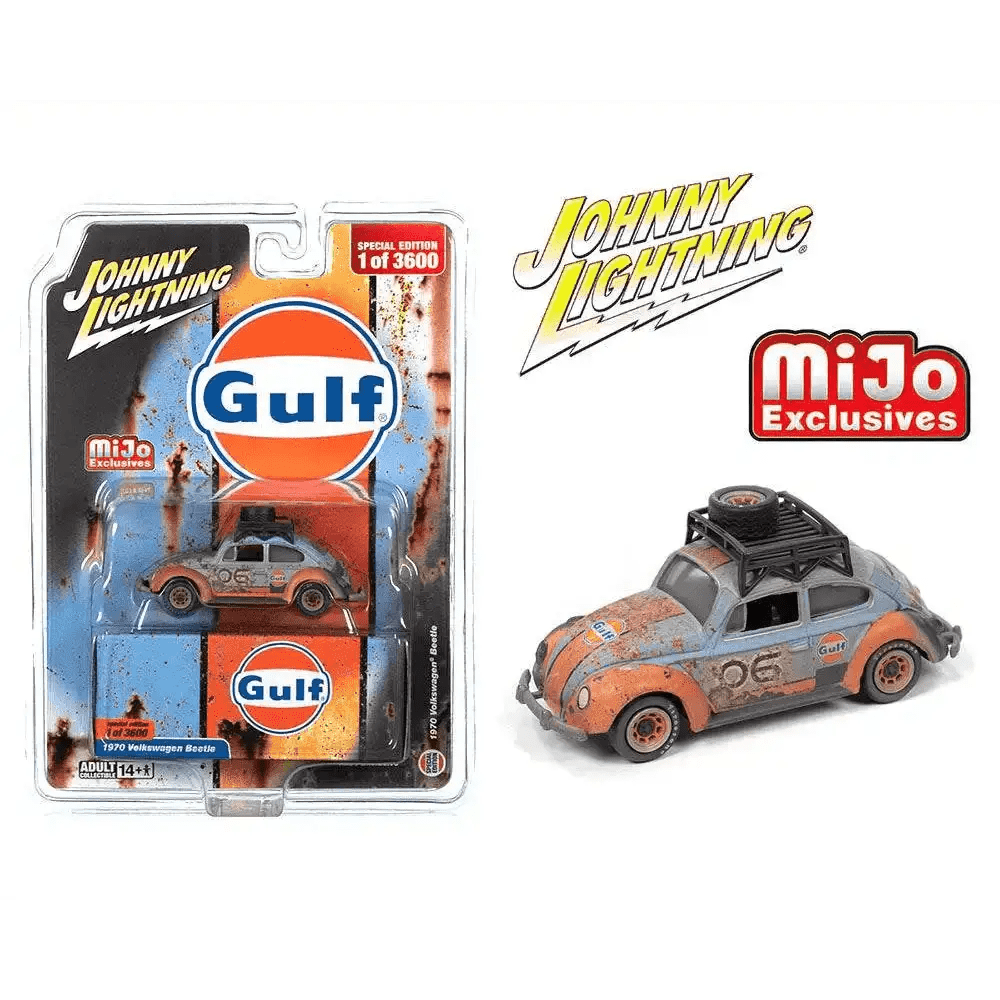 Johnny Lightning 1:64 1970 Volkswagen Beetle Gulf Weathered w/ Rack