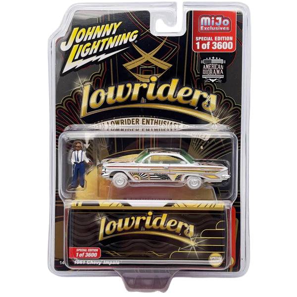 Johnny Lightning 1:64 Lowriders 1961 Chevrolet Impala with American Diorama Figure WHITE LIGHTNING