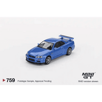 Thumbnail for MINI GT 1:64 Nissan Skyline GT-R R34 V-Spec Bayside Blue MGT00759-R