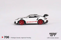 Thumbnail for (PRE-ORDER) MINI GT 1:64 Porsche 911 (992) GT3 RS Weissach Package White w/ Pyro Red MGT00706-R