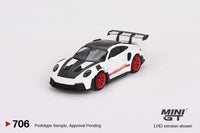Thumbnail for PRE-ORDER MINI GT 1:64 Porsche 911 992 GT3 RS Weissach Package White w/ Pyro Red MGT00706-R