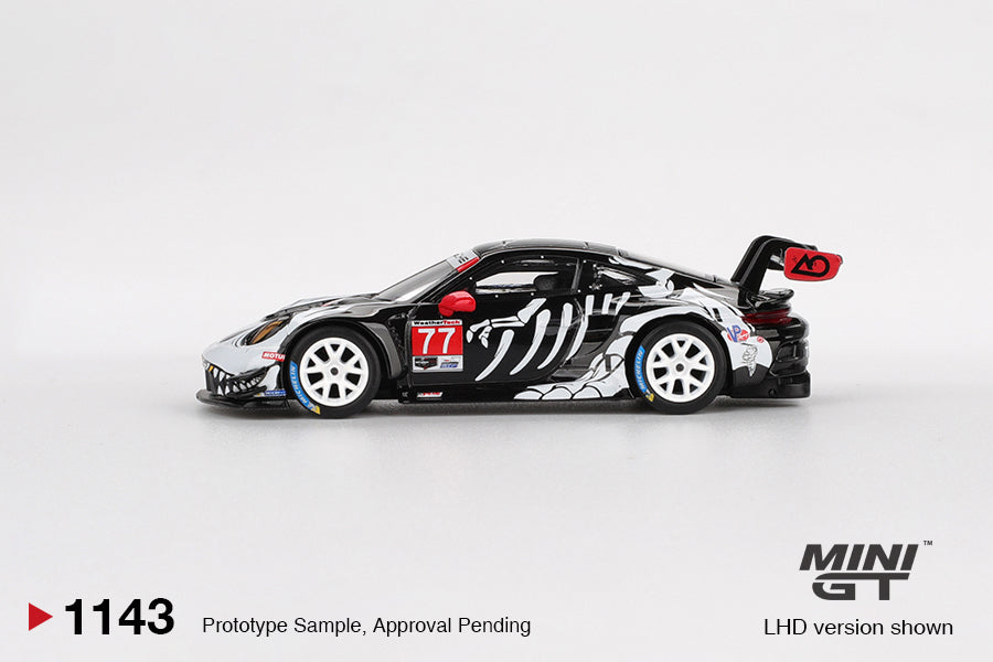 MINI GT 1:64 Porsche 911 GT3 R #77 AO Racing 2025 IMSA Petit Le Mans Skeleton Rexy MGT01143-L