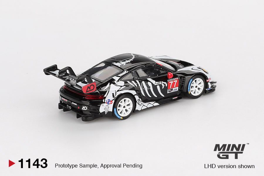 MINI GT 1:64 Porsche 911 GT3 R #77 AO Racing 2025 IMSA Petit Le Mans Skeleton Rexy MGT01143-L
