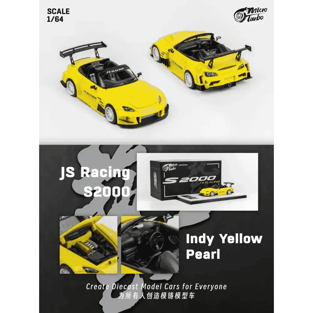 PRE-ORDER Micro Turbo 1:64 Custom Honda S2000 JS Racing Indy Yellow Pearl w/ Opening Hood