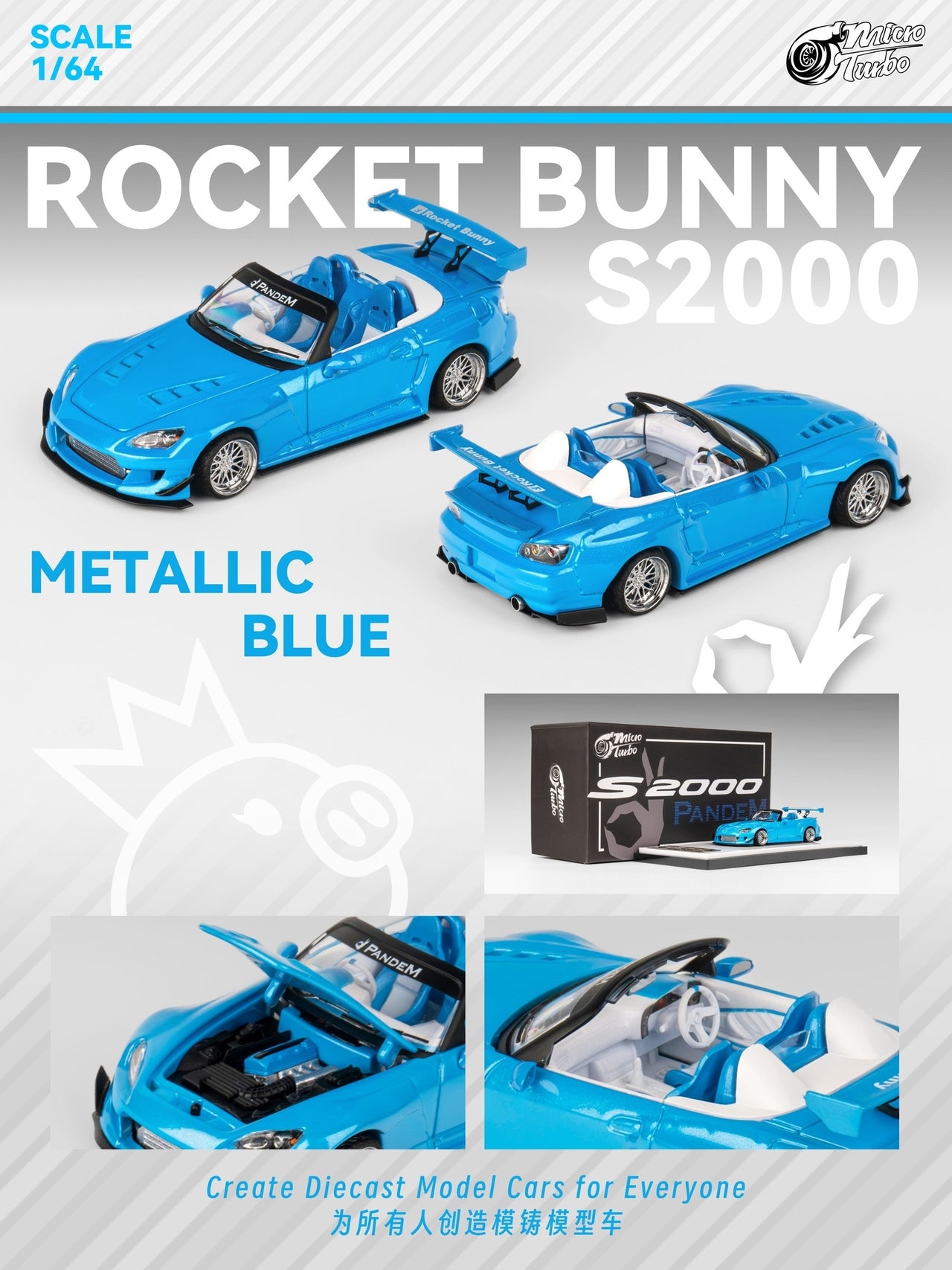 Micro Turbo 1:64 Custom Honda S2000 Rocket Bunny, Metallic Blue