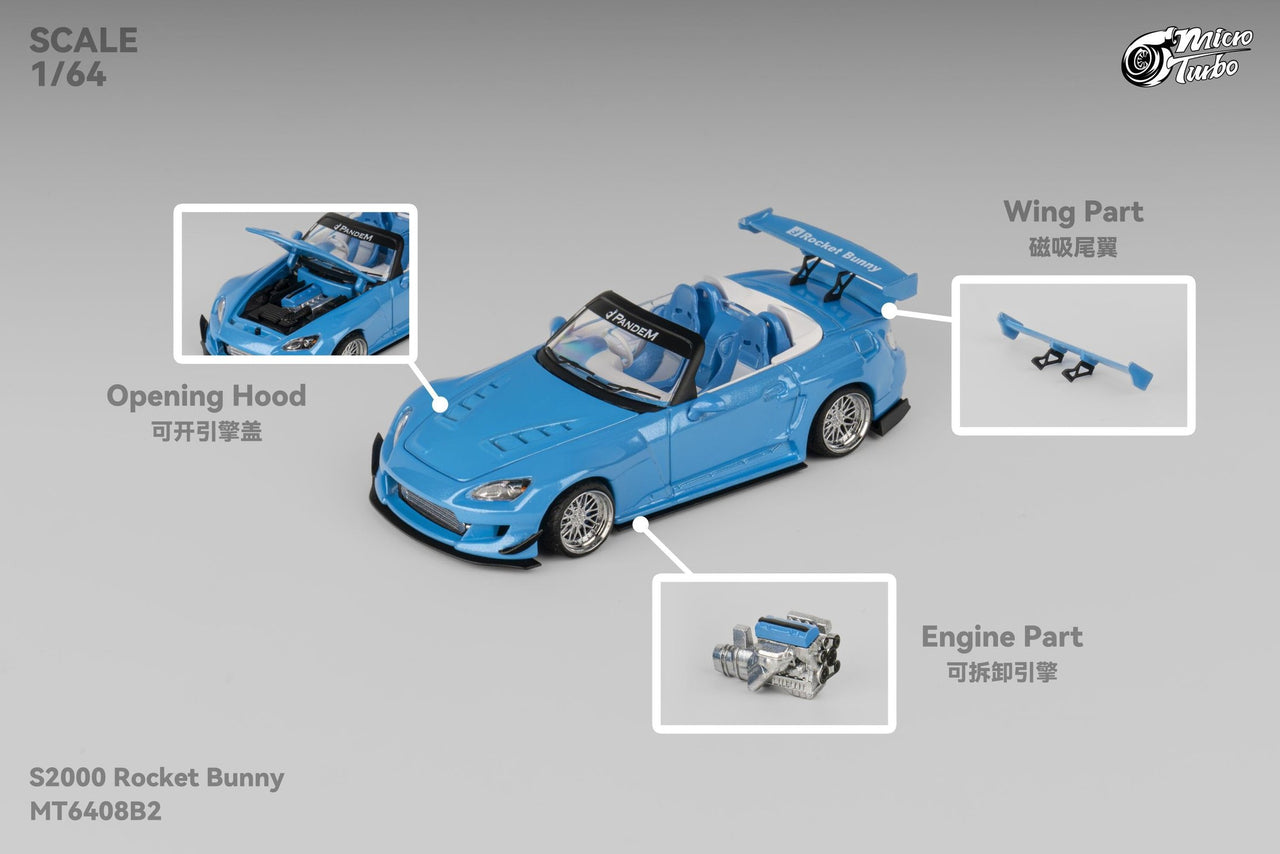 Micro Turbo 1:64 Custom Honda S2000 Rocket Bunny, Metallic Blue