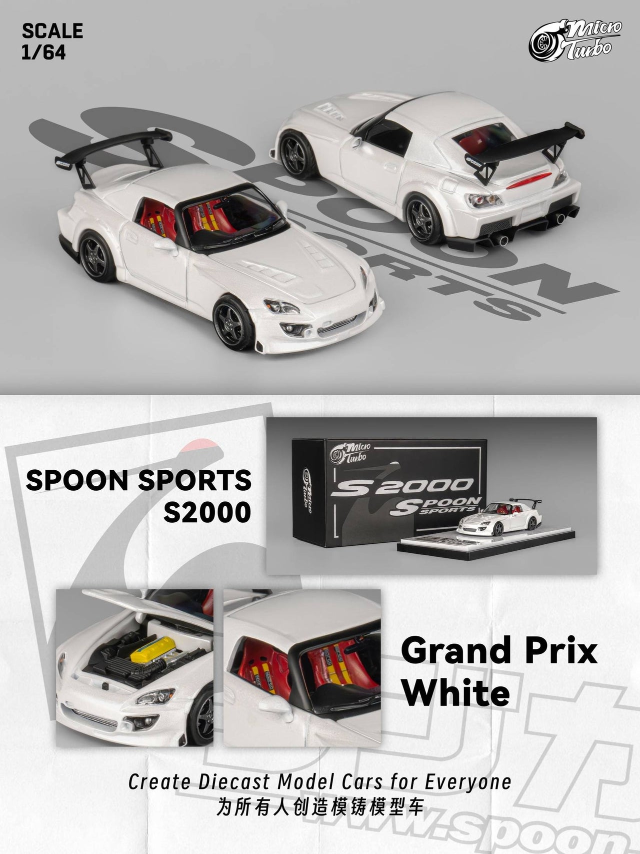 Micro Turbo 1:64 Custom Honda S2000 Spoon Racing Grand Prix White w/ Opening Hood