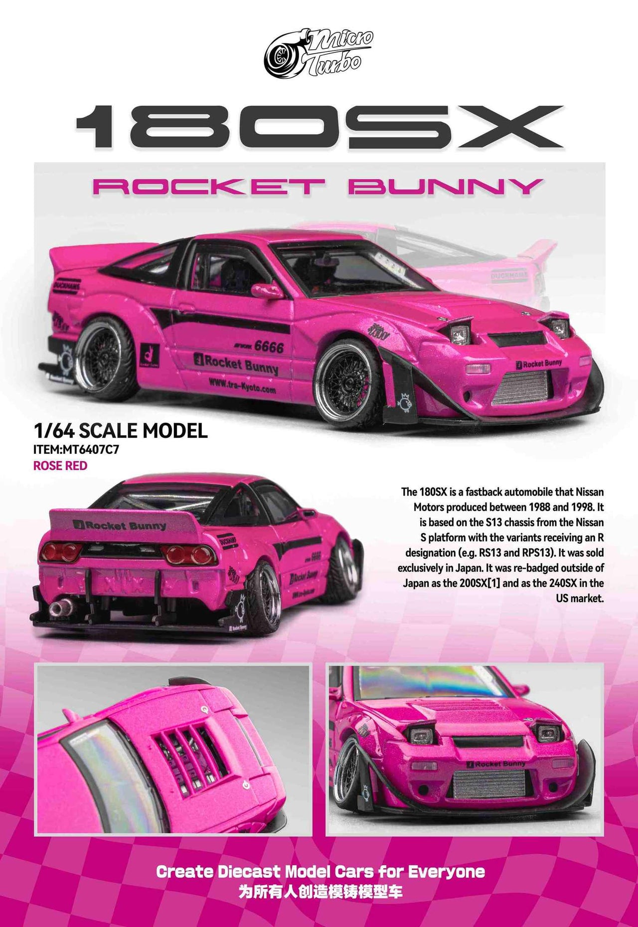 Micro Turbo 1:64 Custom Rocket Bunny Nissan 180SX Type X- Pink