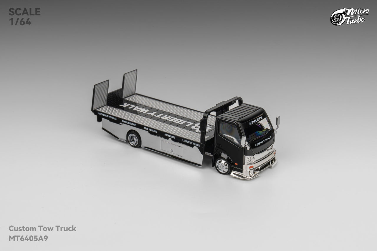 Micro Turbo 1:64 LBWK Custom Flat Bed Tow Truck Black Chrome