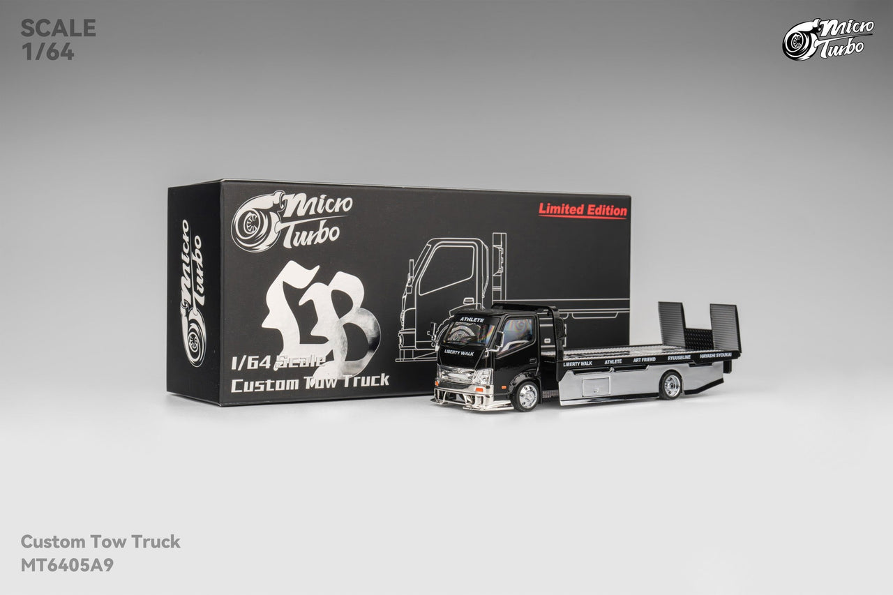 Micro Turbo 1:64 LBWK Custom Flat Bed Tow Truck Black Chrome