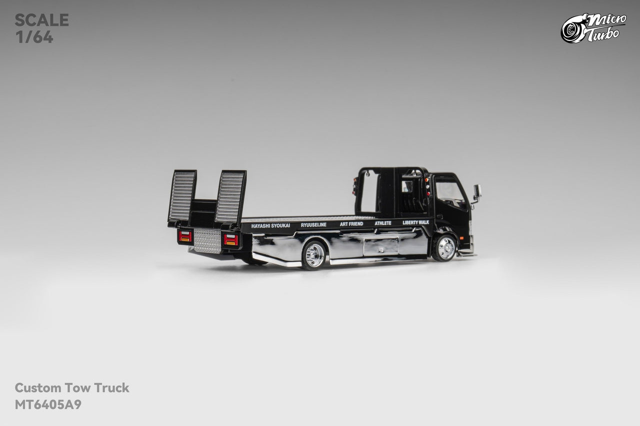 Micro Turbo 1:64 LBWK Custom Flat Bed Tow Truck Black Chrome