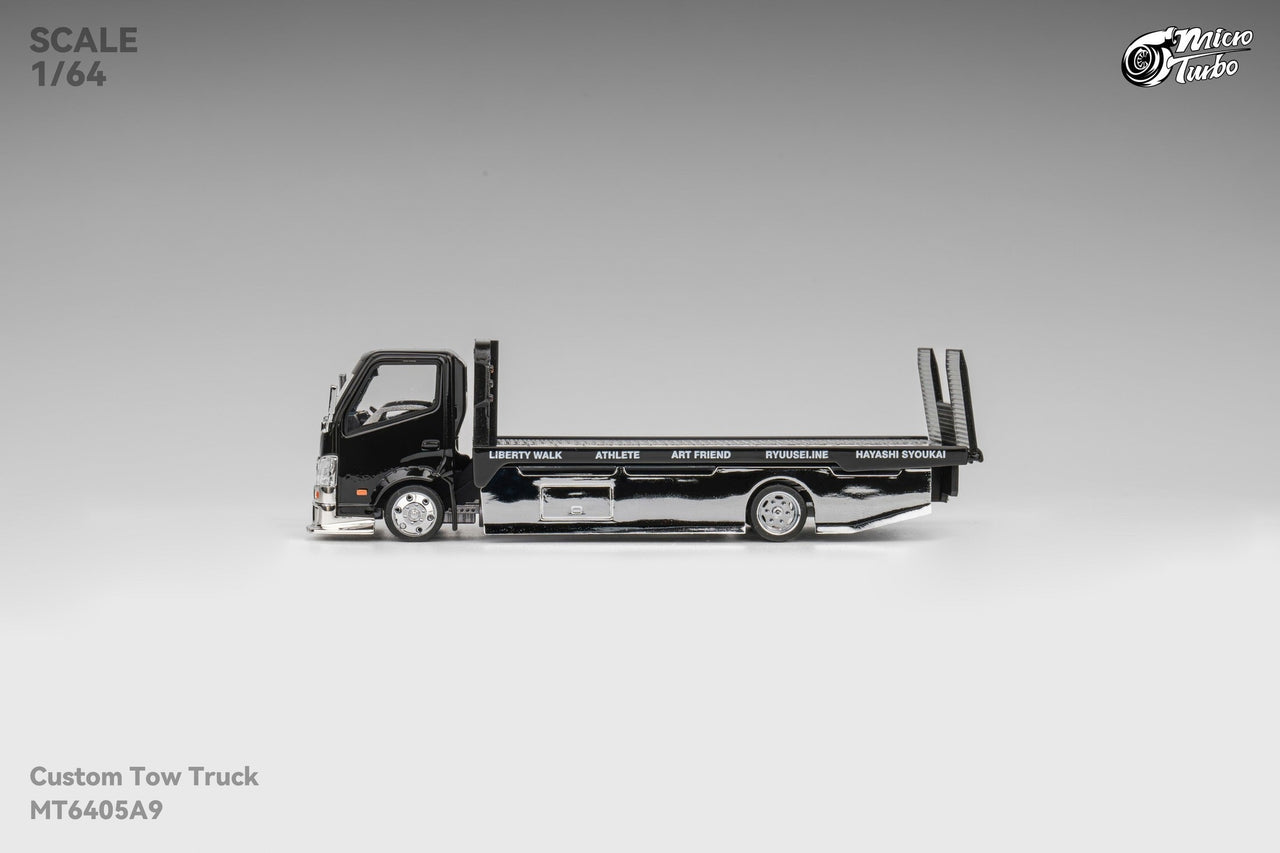 Micro Turbo 1:64 LBWK Custom Flat Bed Tow Truck Black Chrome