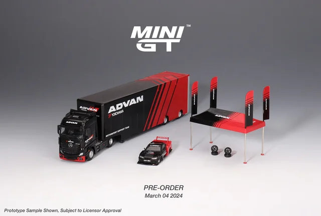 Mini GT 1:64 Mercedes-Benz Actros w/ Racing Transporter "ADVAN" Complete Set