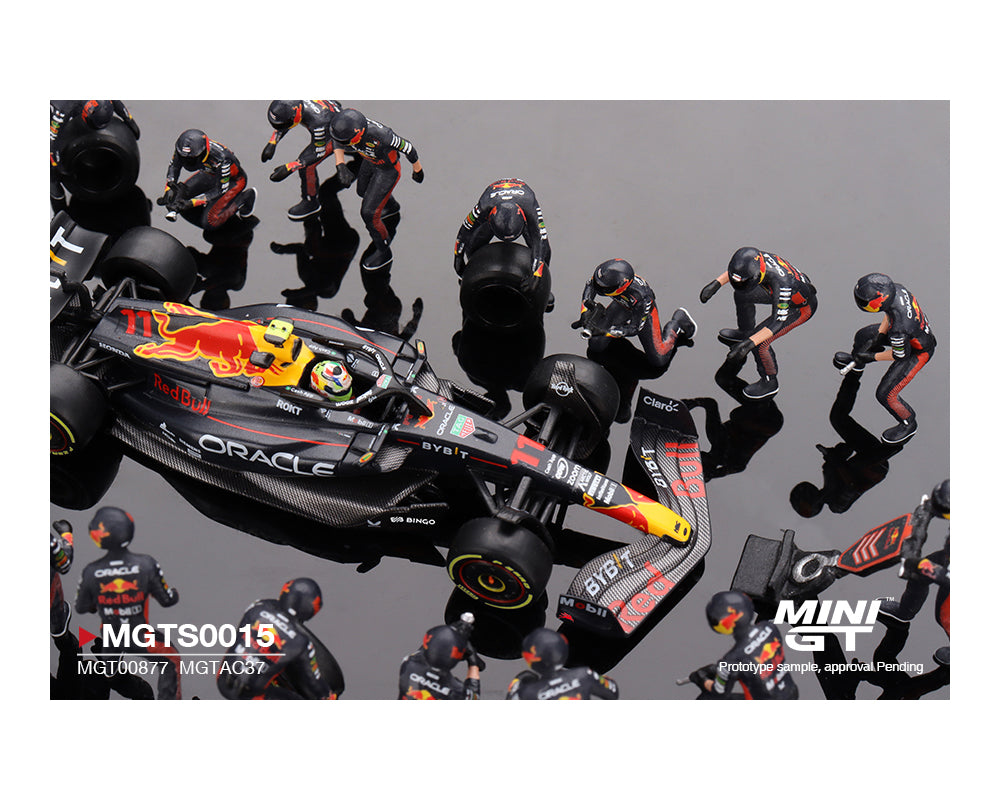 Mini GT 1:64 Oracle Red Bull Racing RB19 #11 Sergio Pérez 2023 F1 Japanese Grand Prix Pit Crew Set Limited 5000 PCS MGTS0015