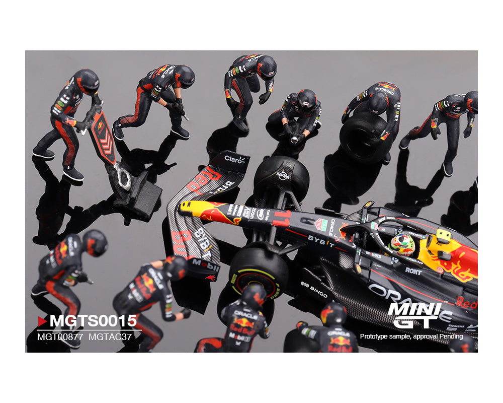 Mini GT 1:64 Oracle Red Bull Racing RB19 #11 Sergio Pérez 2023 F1 Japanese Grand Prix Pit Crew Set Limited 5000 PCS MGTS0015