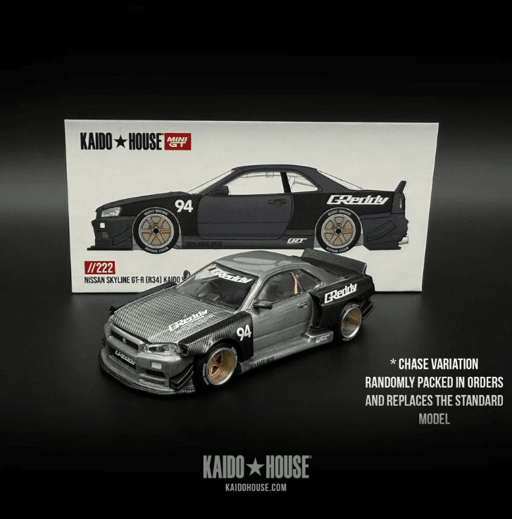 Mini GT x Kaido House 1:64 Nissan Skyline GT-R R34 Kaido Works GReddy V2 KHMG222 RAW CHASE