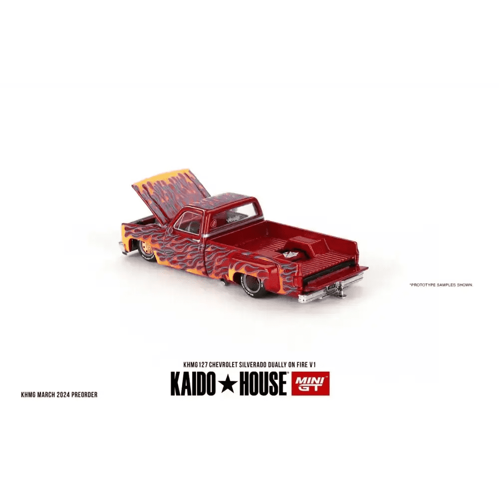 Mini GT x KaidoHouse 1:64 1983 Chevrolet Silverado Dually on Fire V1 KHMG127