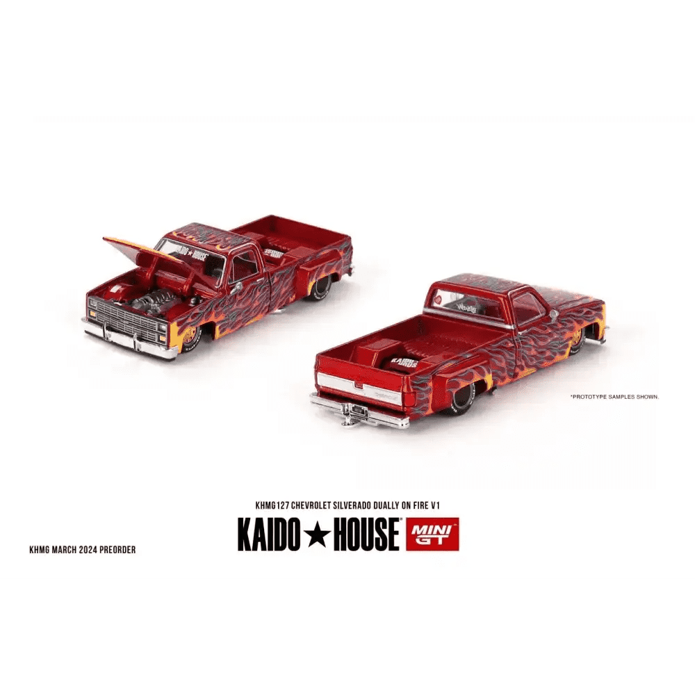 Mini GT x KaidoHouse 1:64 1983 Chevrolet Silverado Dually on Fire V1 KHMG127