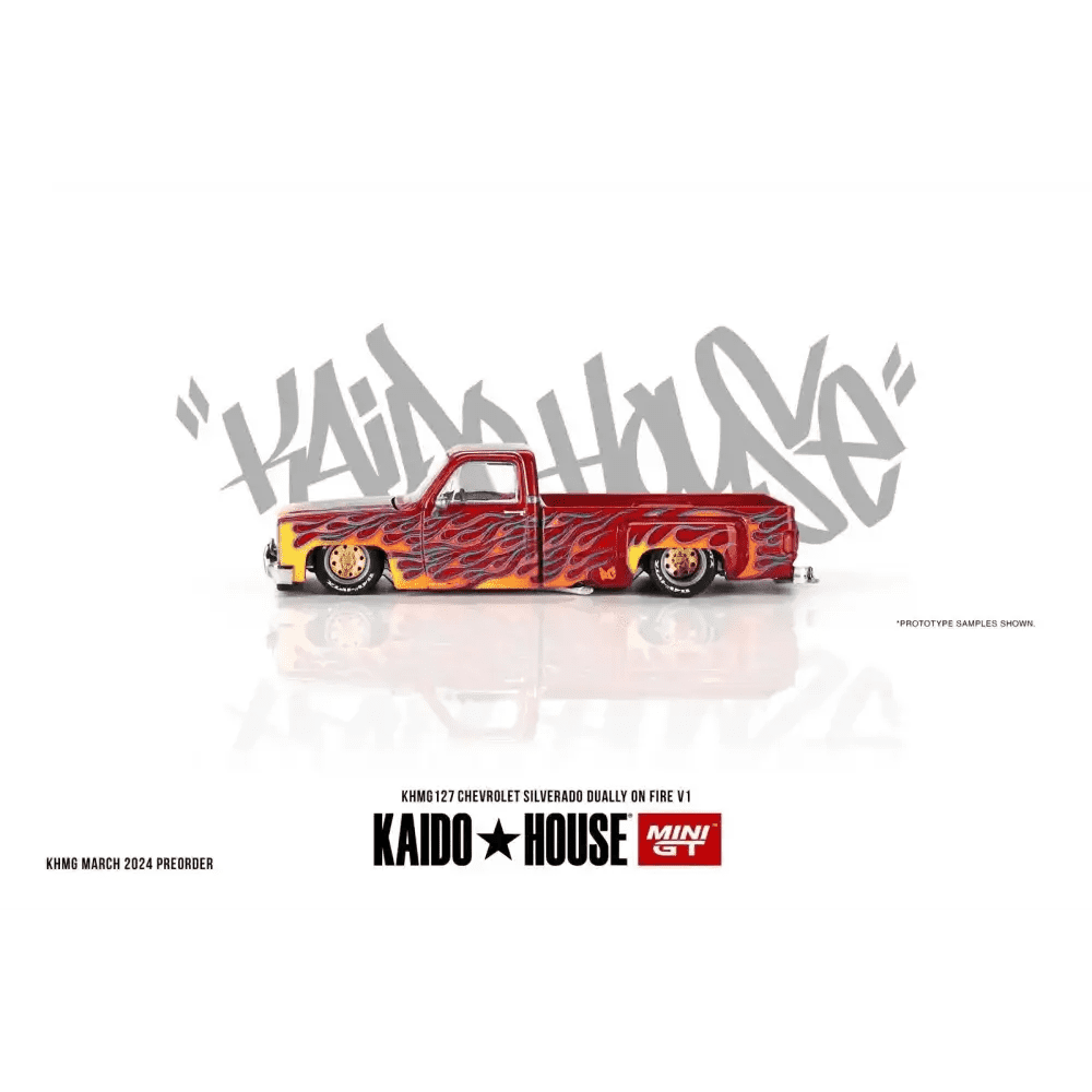 Mini GT x KaidoHouse 1:64 1983 Chevrolet Silverado Dually on Fire V1 KHMG127