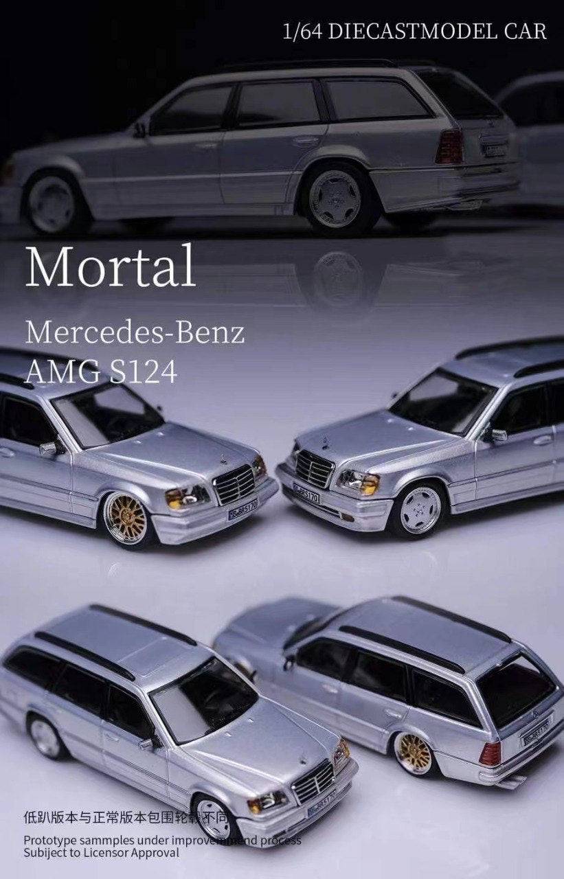 PRE-ORDER Mortal 1:64 Mercedes S124 Wagon W/ Roof Rack & 2 Bicycle Silver LOW VERSION
