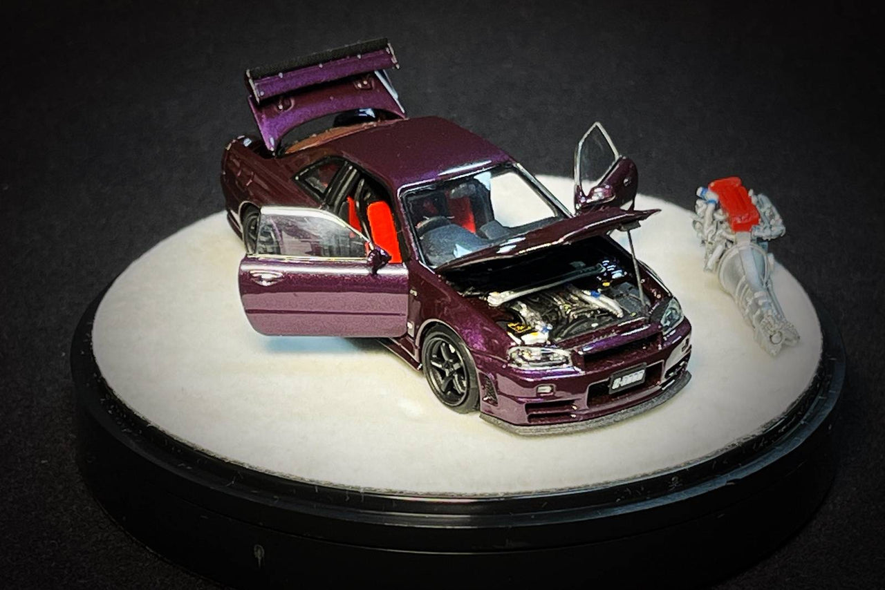 PGM 1:64 Nissan GT-R R34 Z-Tune, Midnight Purple with Engine "Luxury w/ Turntable"