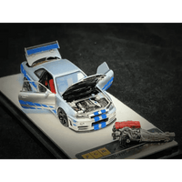 Thumbnail for PGM 1:64 Nissan GT-R R34 Z-Tune Silver W/ Blue Stripe PAUL WALKER