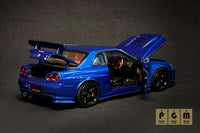 Thumbnail for PGM X OneModel 1:43 Nissan GT-R R34 Z-Tune Bayside Blue w/ Engine 