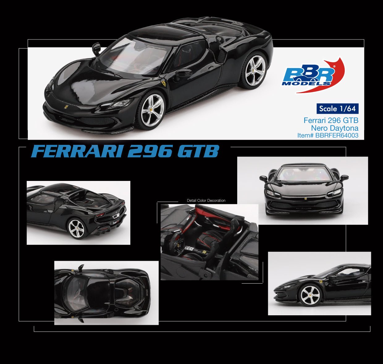 PRE-ORDER BBR Models 1:64 Ferrari 296 GTB Nero Daytona