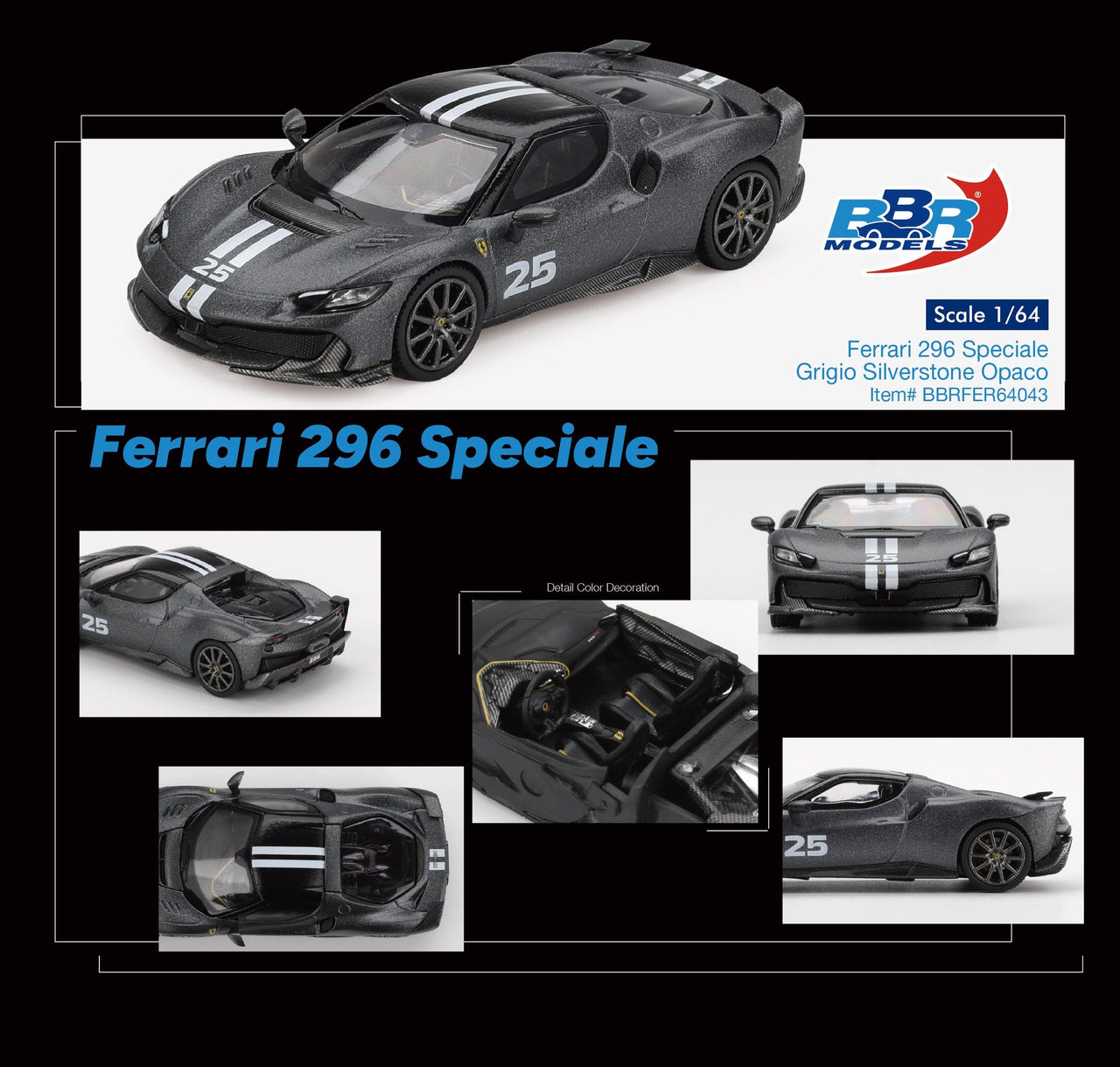 PRE-ORDER BBR Models 1:64 Ferrari 296 Speciale Grigio Silverstone Opaco BBRFER64043