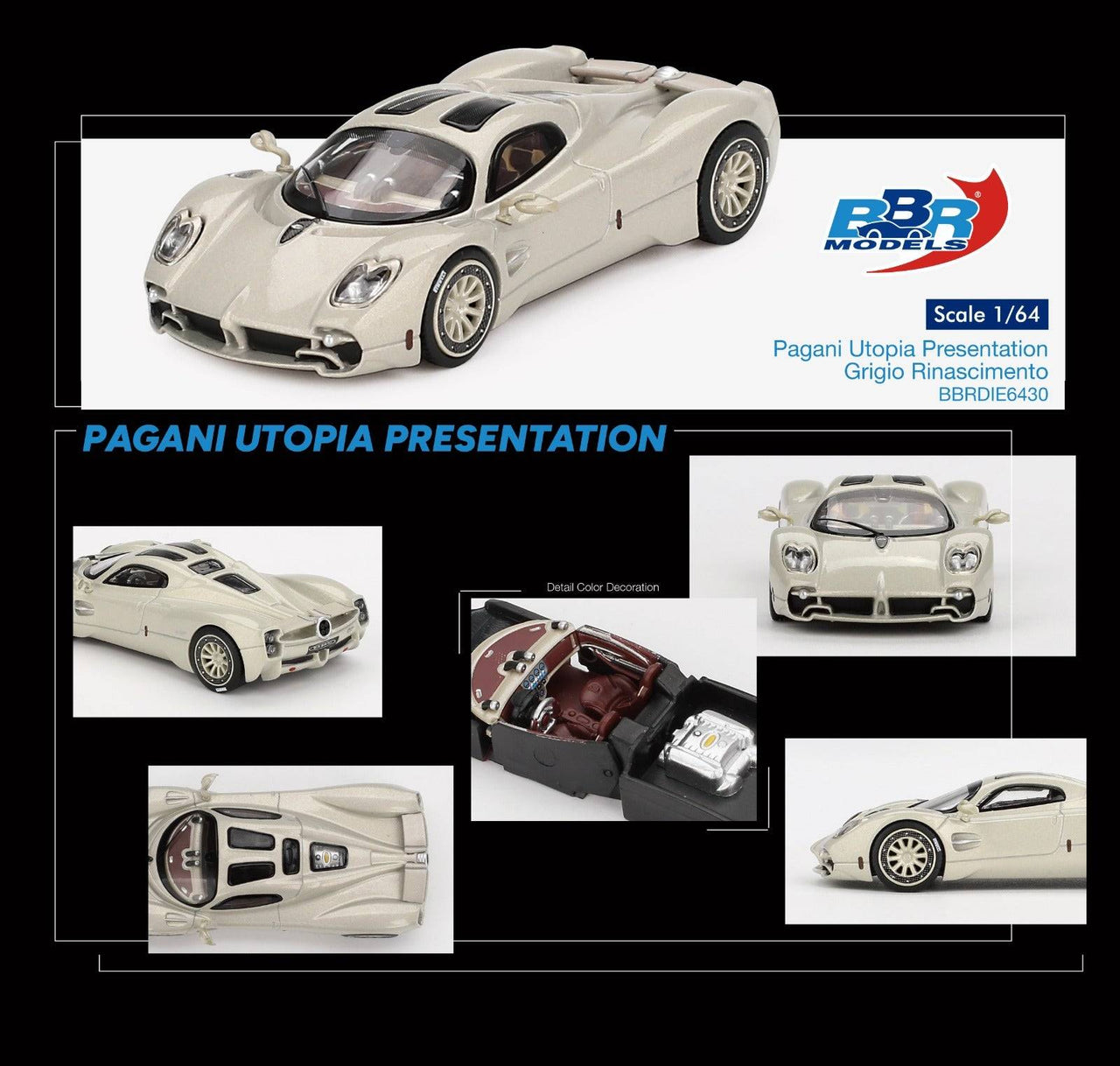 PRE-ORDER BBR Models 1:64 Pagani Utopia Presentation Grigio Rinascimento