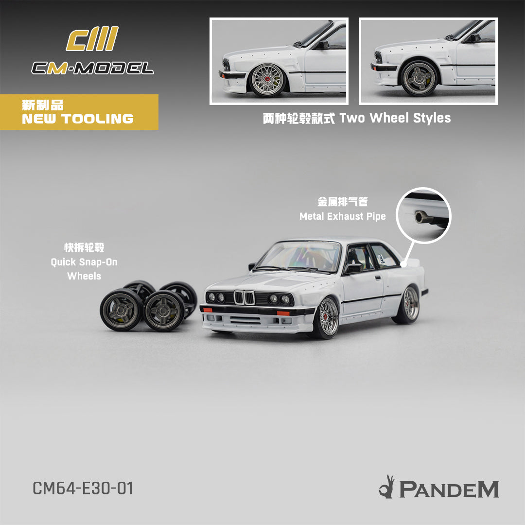 PRE-ORDER CM Model 1:64 Pandem M3 E30, Pearl White W/ Quick Snap On Wheels