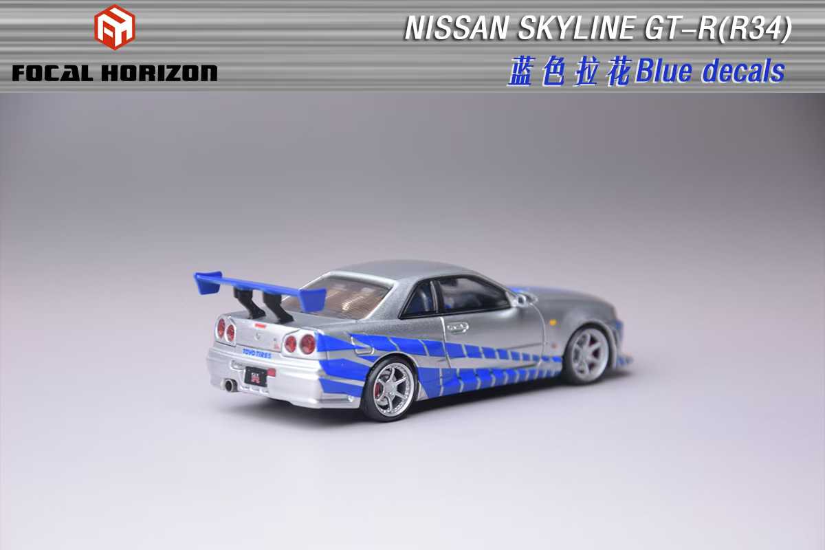 PRE-ORDER Focal Horizon 1:64 Nissan Skyline R34 C-West - Silver Blue - Paul Walker