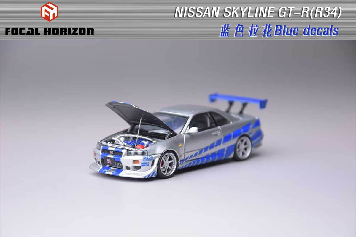 PRE-ORDER Focal Horizon 1:64 Nissan Skyline R34 C-West - Silver Blue - Paul Walker