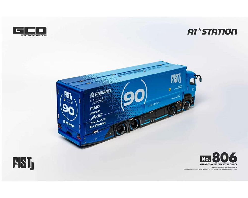 PRE-ORDER GCD 1:64 FIST TEAM Mitsubishi Fuso Super Great Transporter with 1 Figure Special – Blue – Special Edition