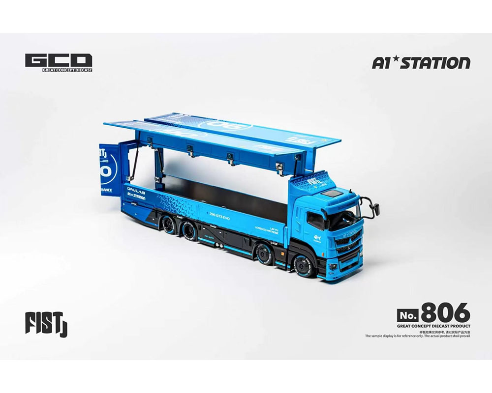 PRE-ORDER GCD 1:64 FIST TEAM Mitsubishi Fuso Super Great Transporter with 1 Figure Special – Blue – Special Edition