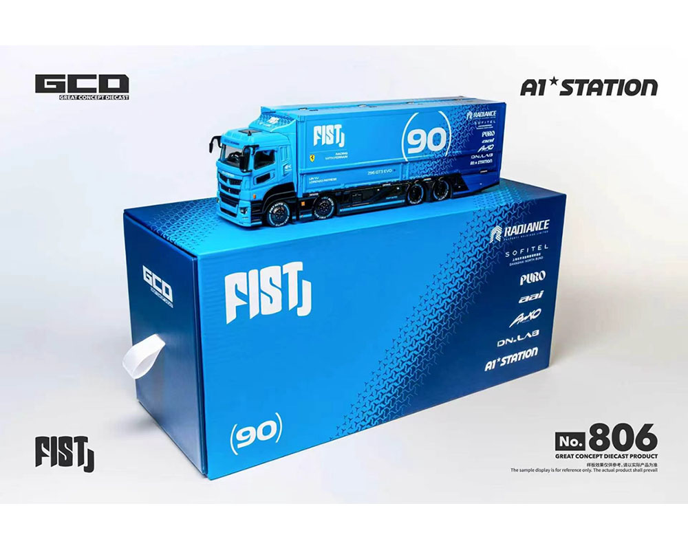 PRE-ORDER GCD 1:64 FIST TEAM Mitsubishi Fuso Super Great Transporter with 1 Figure Special – Blue – Special Edition