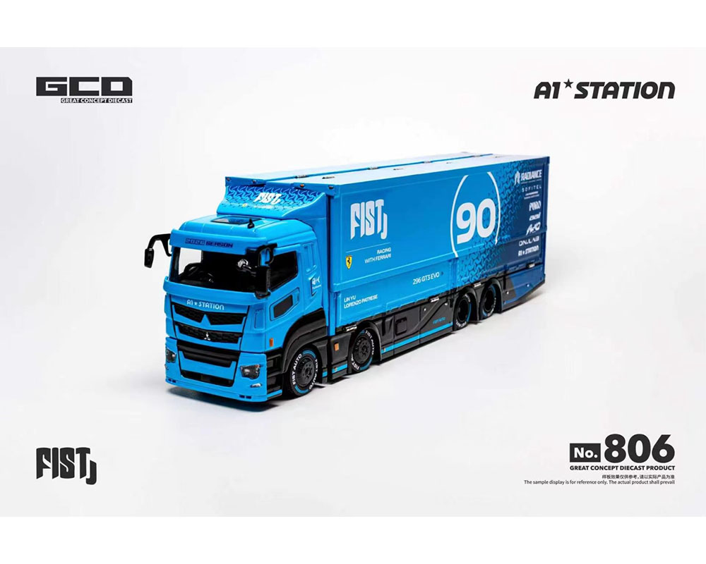 PRE-ORDER GCD 1:64 FIST TEAM Mitsubishi Fuso Super Great Transporter with 1 Figure Special – Blue – Special Edition