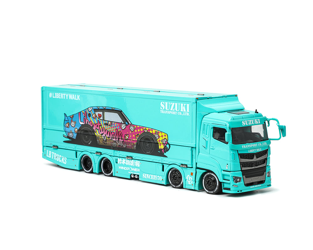 PRE-ORDER GCD 1:64 Liberty Walk LB-Trucks Mitsubishi Fuso Super Great Transporter LBWK – Blue