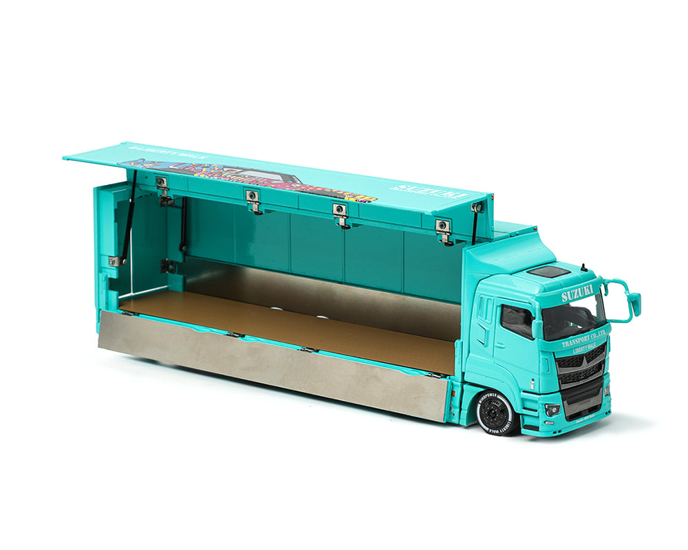 PRE-ORDER GCD 1:64 Liberty Walk LB-Trucks Mitsubishi Fuso Super Great Transporter LBWK – Blue