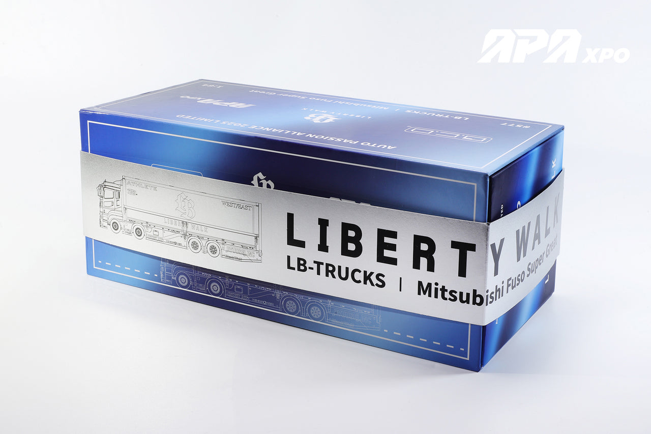 PRE-ORDER GCD 1:64 Liberty Walk LB-Trucks Mitsubishi Fuso Super Great Transporter LBWK – Chrome Blue