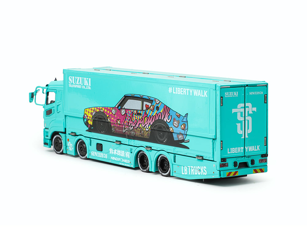 PRE-ORDER GCD 1:64 Liberty Walk LB-Trucks Mitsubishi Fuso Super Great Transporter LBWK – Blue